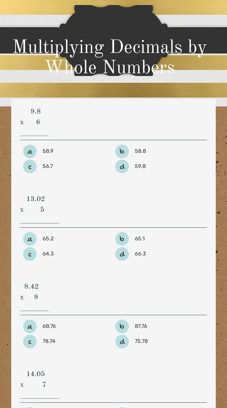 Multiplying Decimals By Whole Numbers Worksheet With Answers