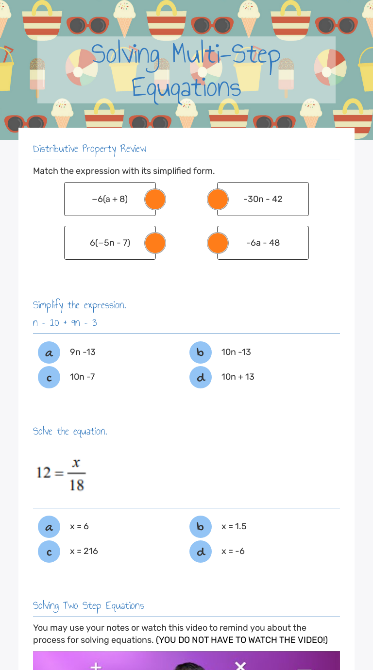 Solving Multi-Step Equqations | Interactive Worksheet by Whitney ...