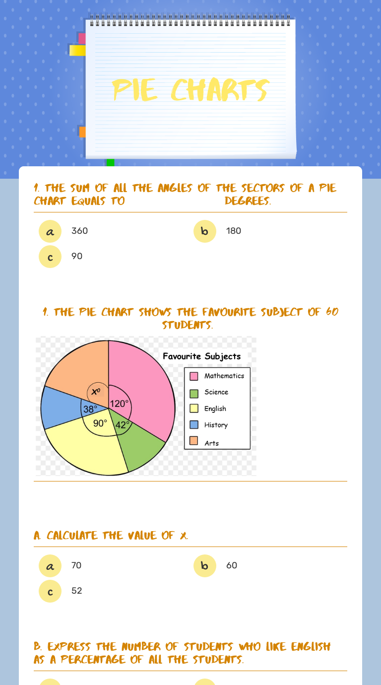 Pie Charts Grade 7 worksheet preview
