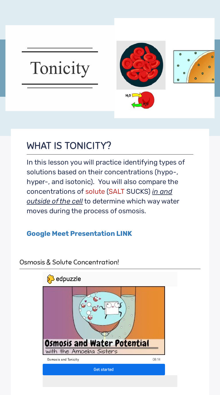 Tonicity  Interactive Worksheet by Crystal Crosby  Wizer.me Pertaining To Osmosis And Tonicity Worksheet