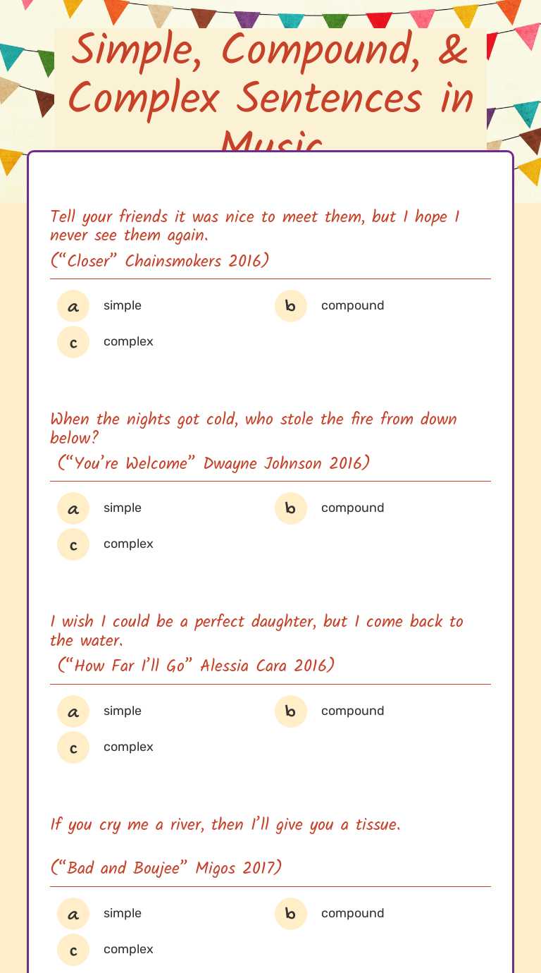 Simple, Compound, & Complex Sentences in Music worksheet preview