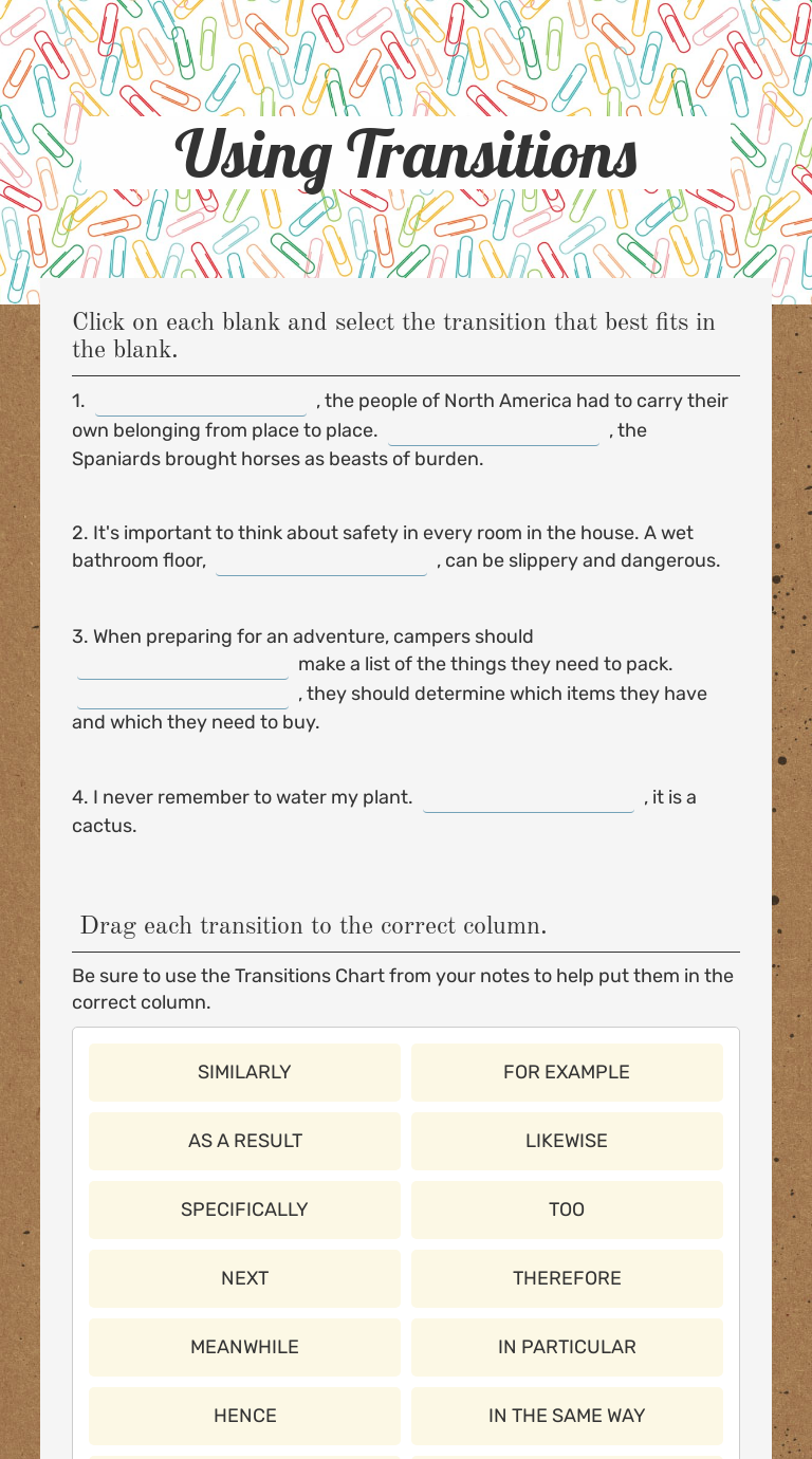 Using Transitions Grade 7 worksheet preview