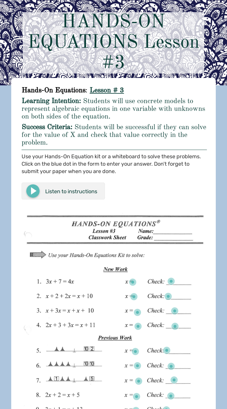 HANDS-ON EQUATIONS Lesson #25  Interactive Worksheet by Jeannie Inside Hands On Equations Worksheet