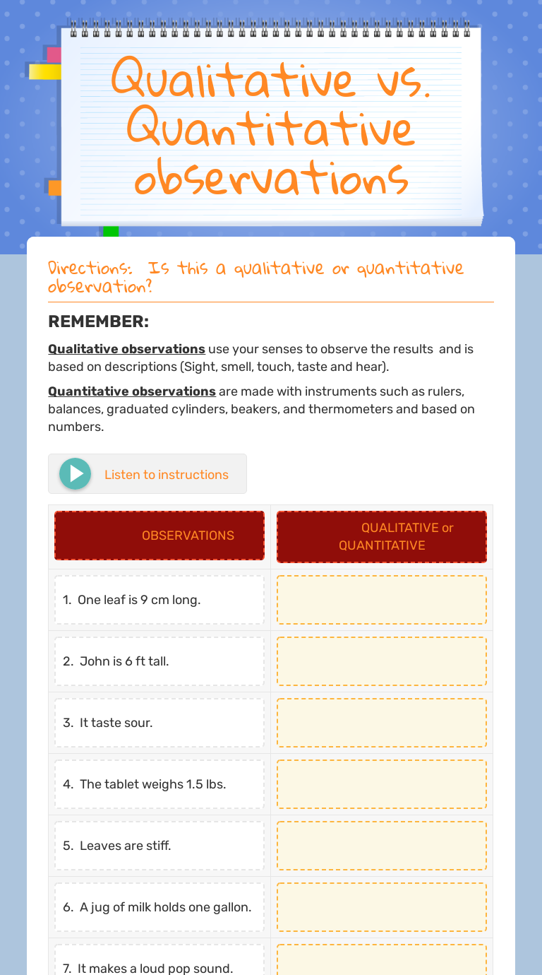 Qualitative vs. Quantitative observations  Interactive Worksheet Within Qualitative Vs Quantitative Worksheet
