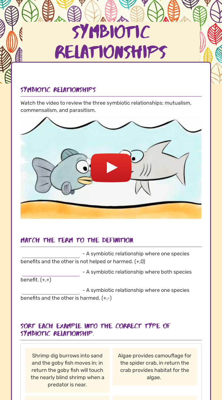 Types Of Symbiotic Relationships Worksheet Throughout Symbiotic Relationships Worksheet Answers