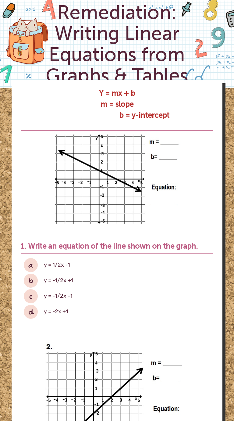 Remediation: Writing Linear Equations from Graphs & Tables For Writing Equations From Tables Worksheet