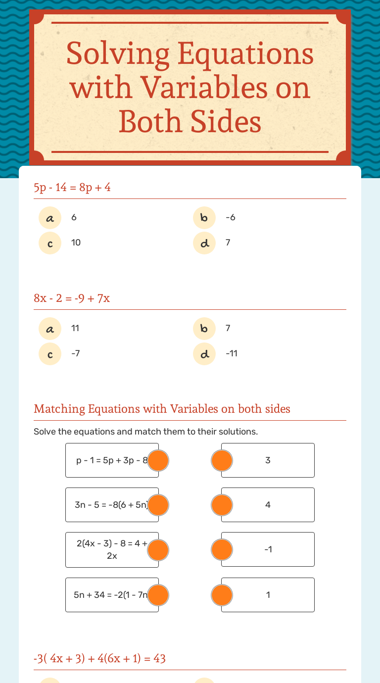 Solving Equations with Variables on Both Sides  Interactive For Variables On Both Sides Worksheet