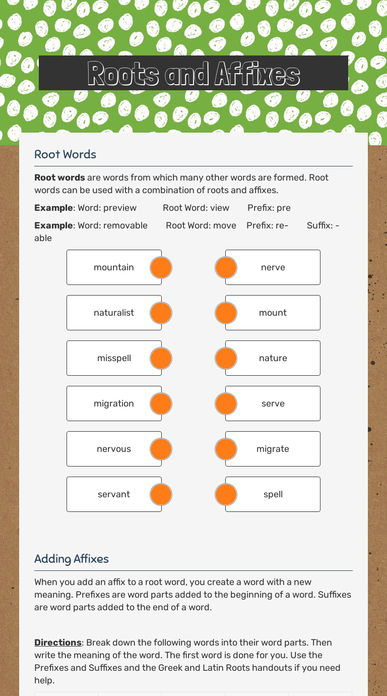 Roots And Affixes Interactive Worksheet By Yael Sover Wizer Me