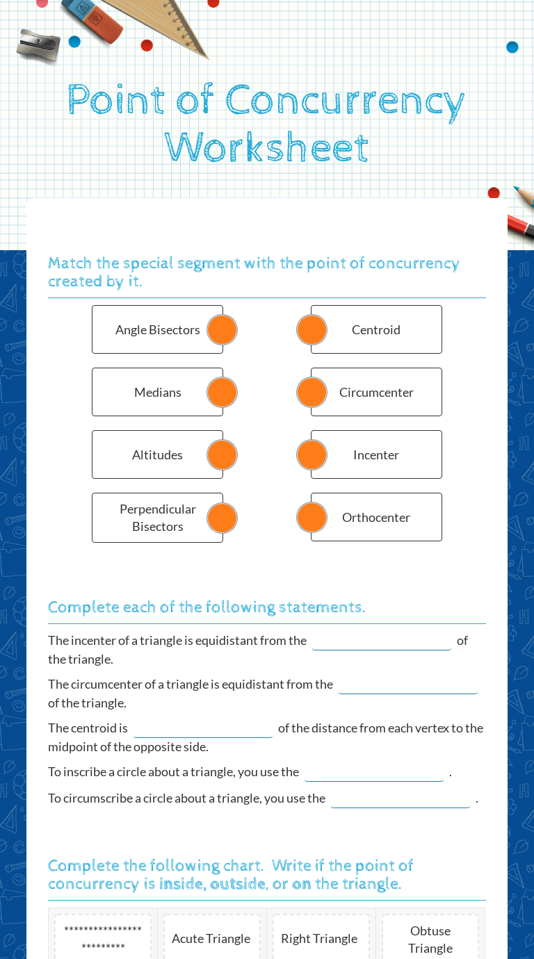 Point of Concurrency Worksheet  Interactive Worksheet by Jennifer With Regard To Points Of Concurrency Worksheet