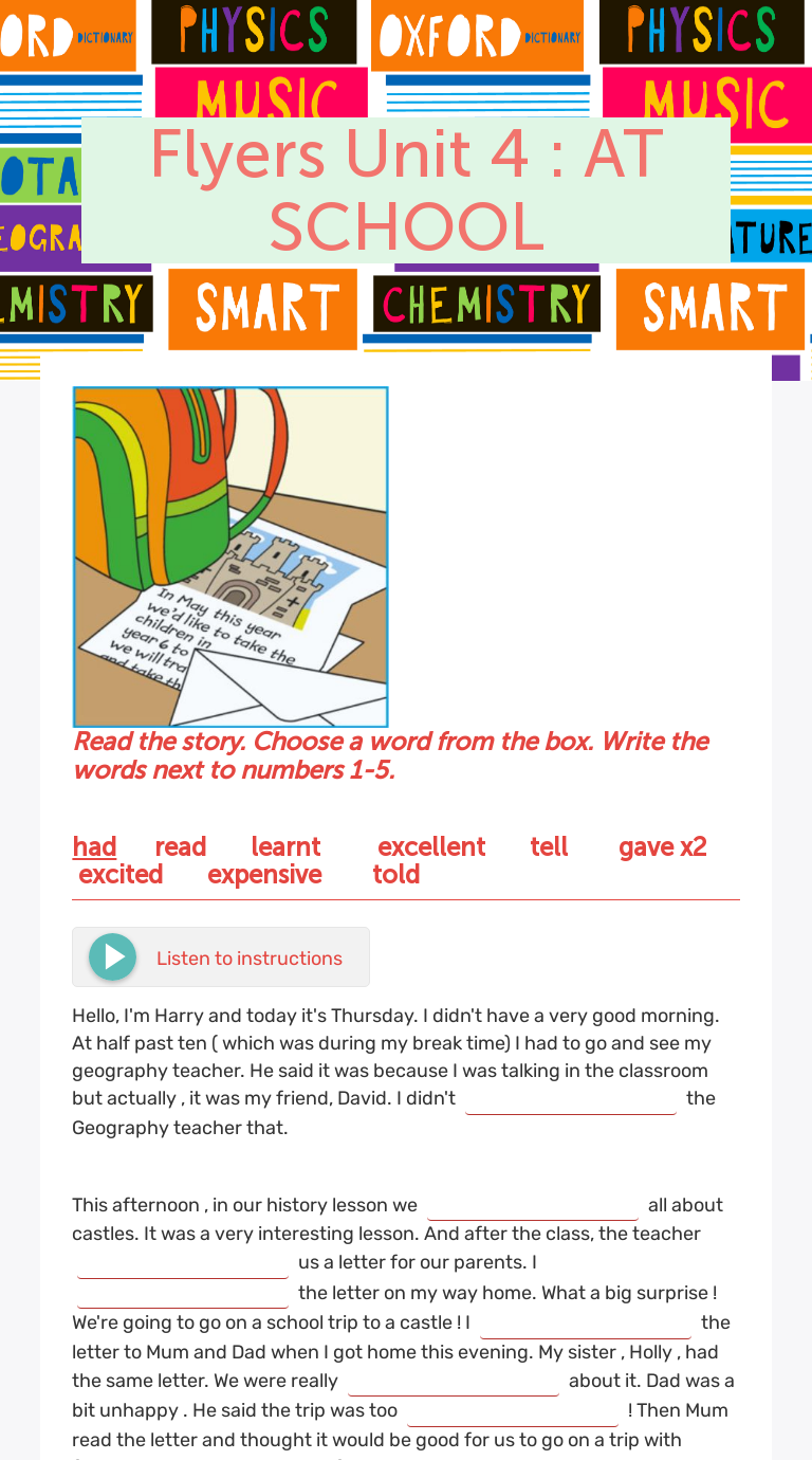 Flyers Unit 4 : 
AT SCHOOL Grade 4 worksheet preview