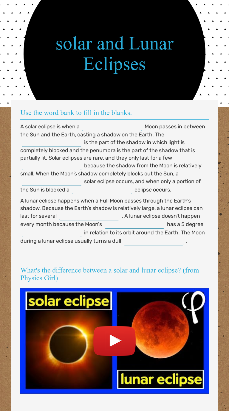 Solar And Lunar Eclipses Worksheet