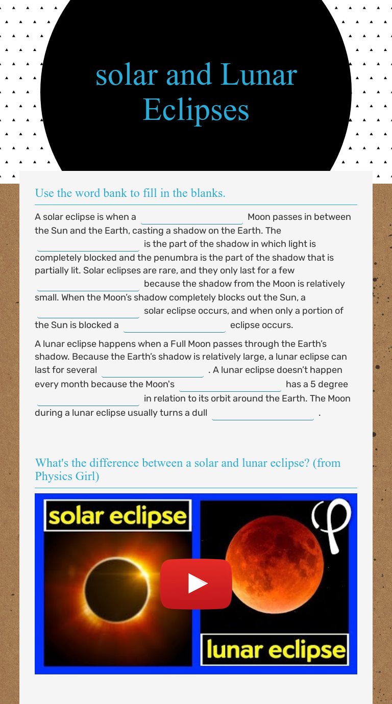 solar and Lunar Eclipses | Interactive Worksheet by Simone Miller