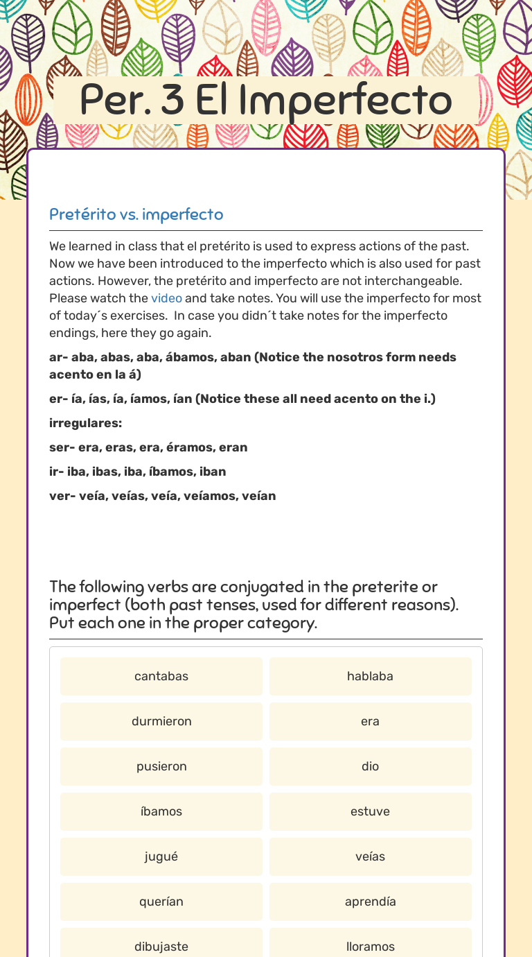 Per. 3 El Imperfecto | Interactive Worksheet by Claudia Maravilla