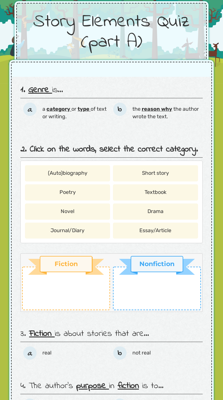 Story Elements Quiz (part A) worksheet preview