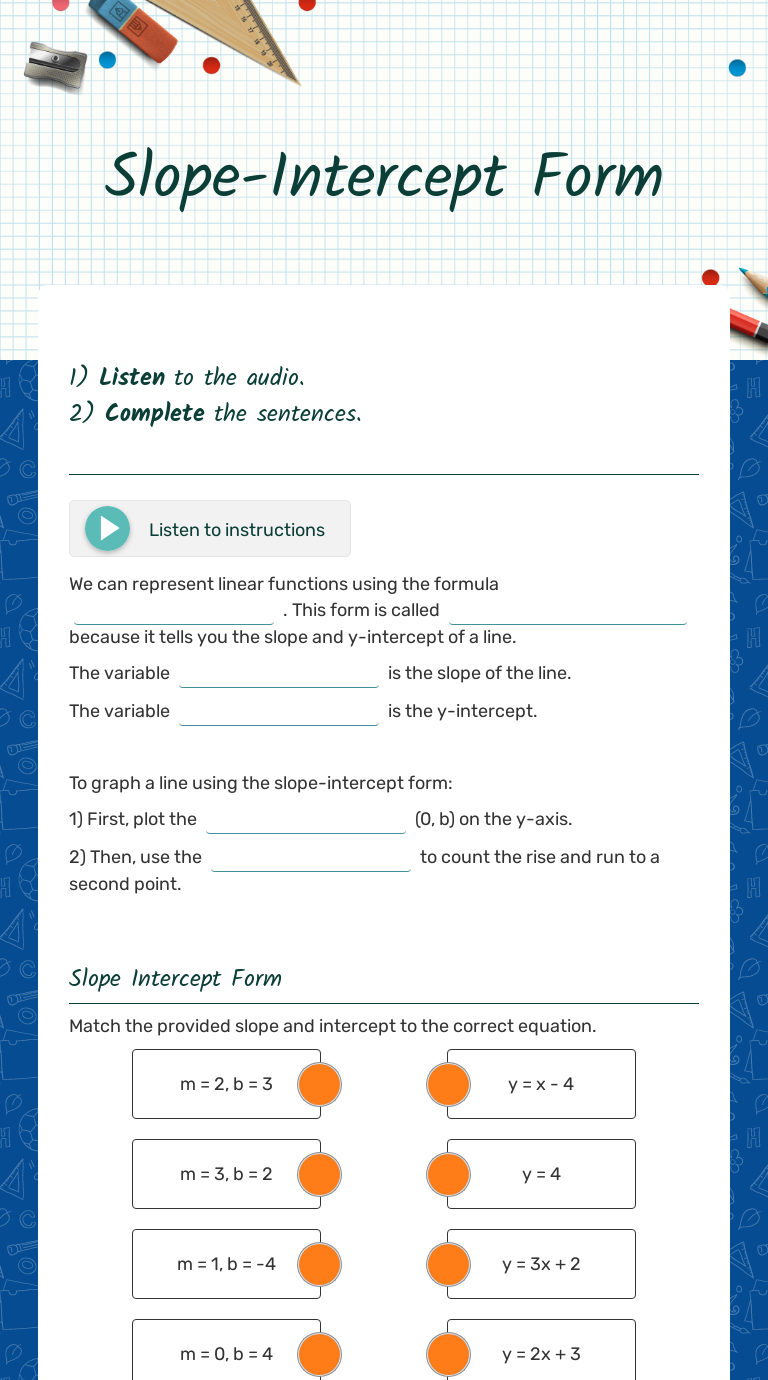 Slope-Intercept Form Grade 9 worksheet preview