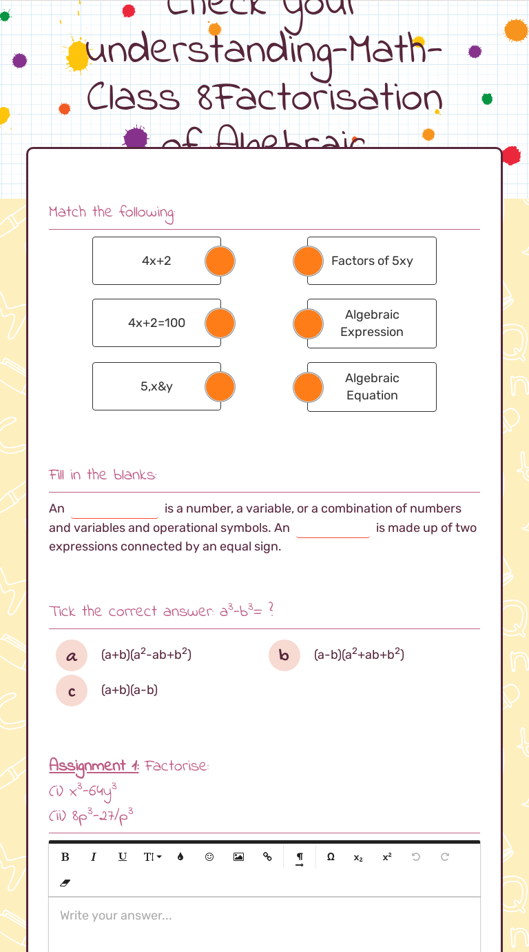 Check Your Understanding Math Class 8factorisation Of Algebraic Expressions Interactive Worksheet By Shraddha Jha Wizer Me