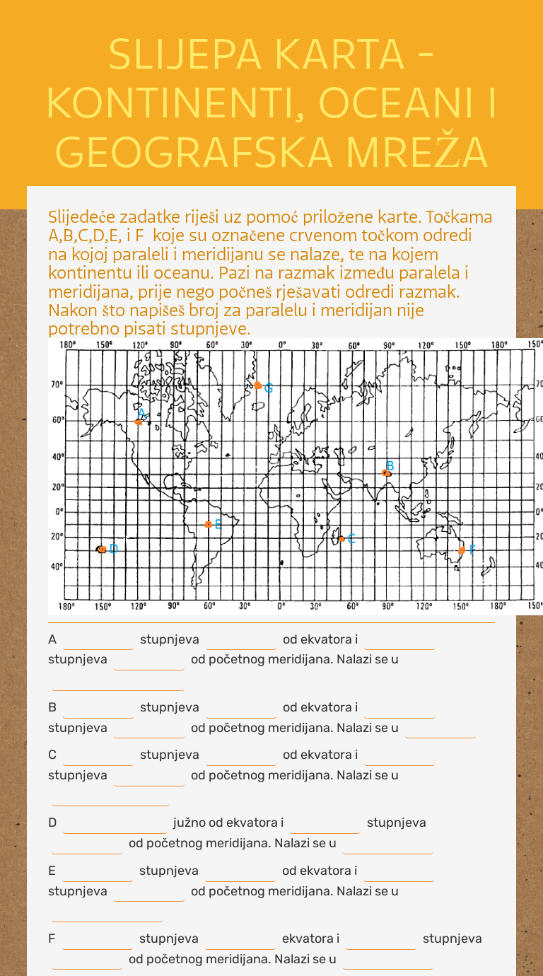 SLIJEPA KARTA - KONTINENTI, OCEANI I GEOGRAFSKA MREŽA worksheet preview image