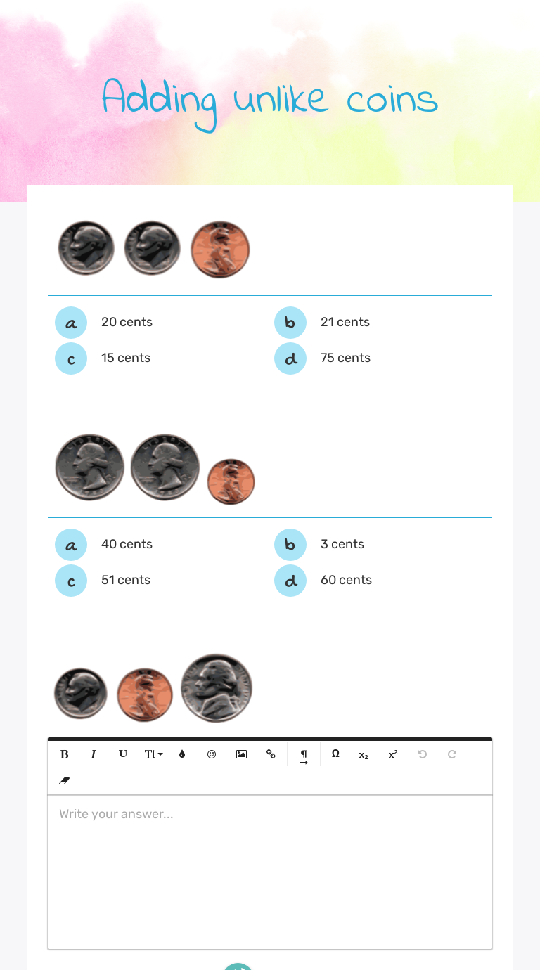 Adding unlike coins worksheet preview image