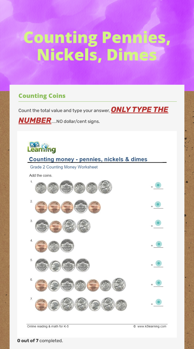 Counting Pennies, Nickels, Dimes Grade 2 worksheet preview