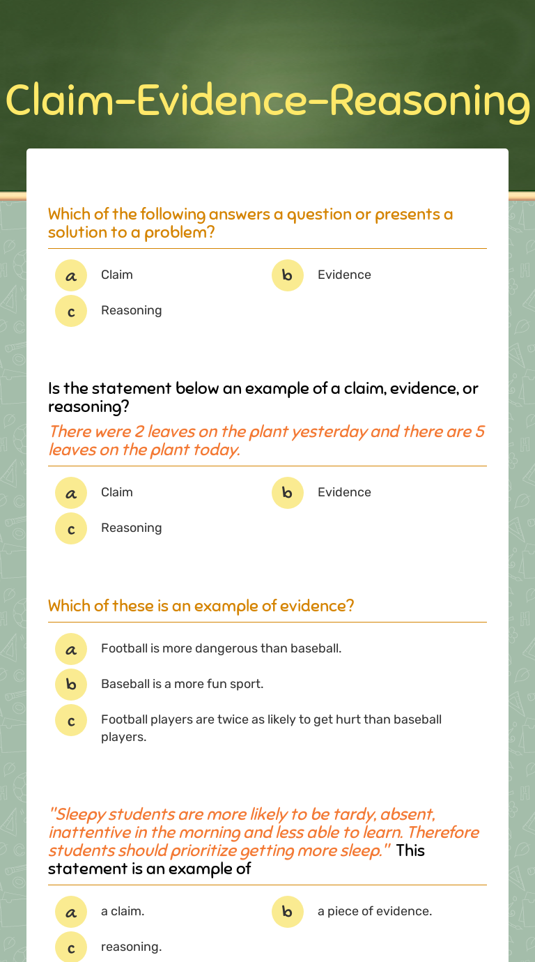 Claim Evidence Reasoning Sample Questions