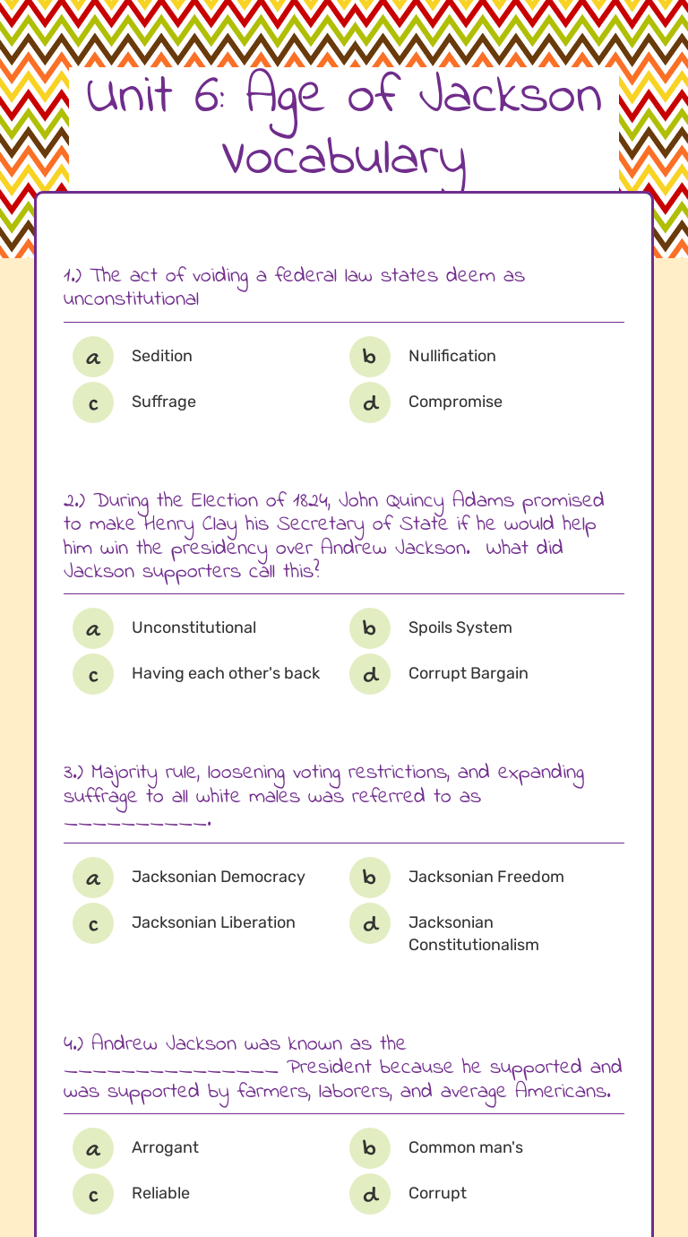 Unit 6: Age of Jackson Vocabulary worksheet preview image