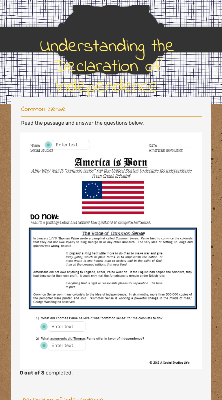 Understanding the Declaration of Independence worksheet preview image