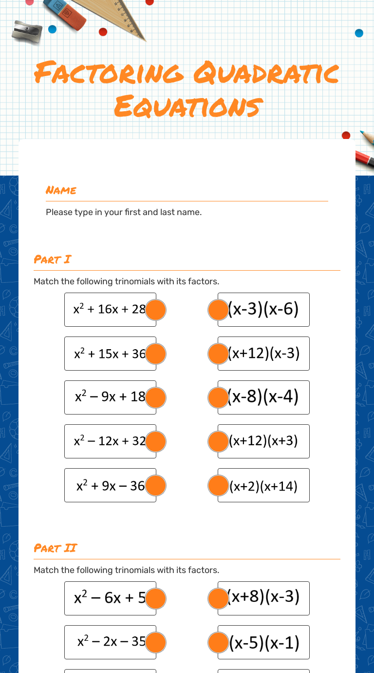 Factoring Quadratic  Equations Grade 8 worksheet preview