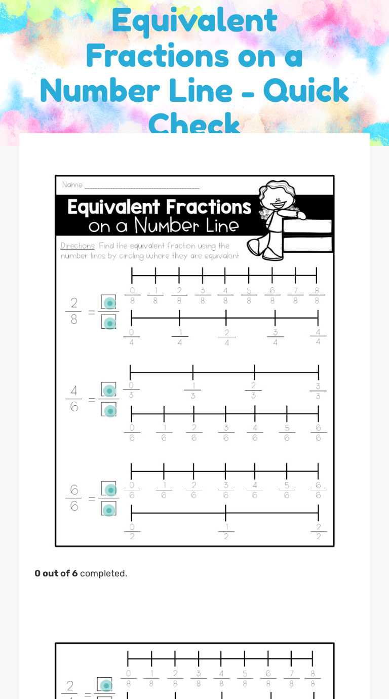Equivalent Fractions on a Number Line - Quick Check Grade 3 worksheet preview