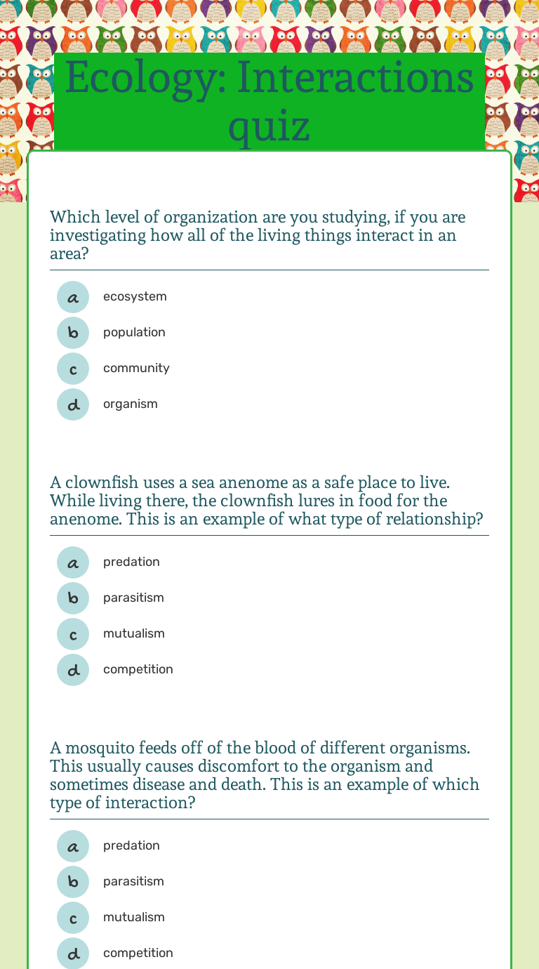 Ecology Interactions quiz Interactive Worksheet by Jennifer Skubis