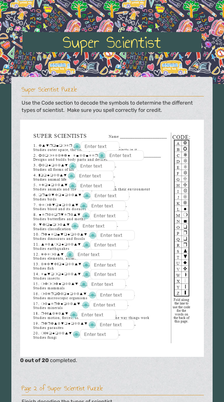 Super Scientist Word Search Key