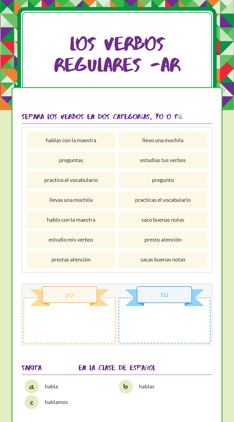 los verbos regulares -ar Grade 7 worksheet preview