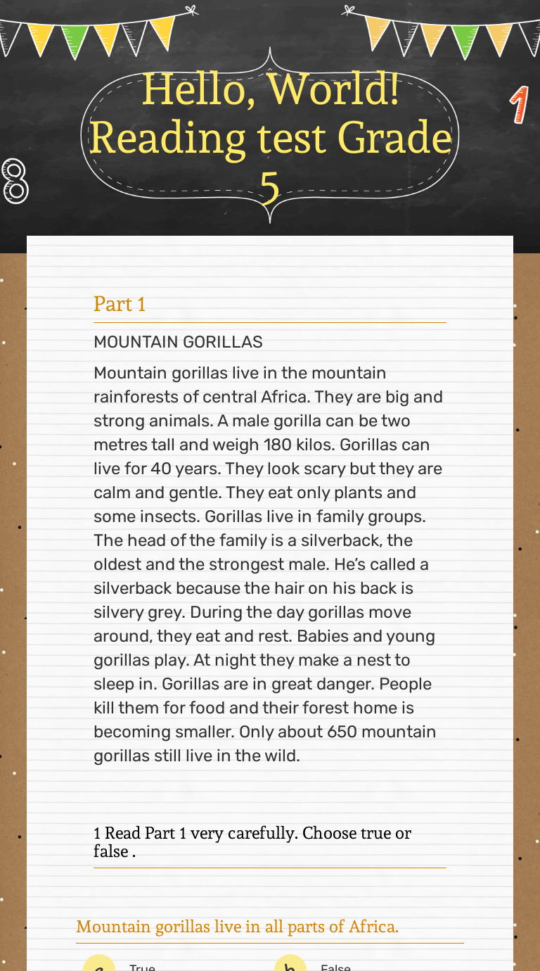 Hello, World! 
 Reading test Grade 5 worksheet preview image
