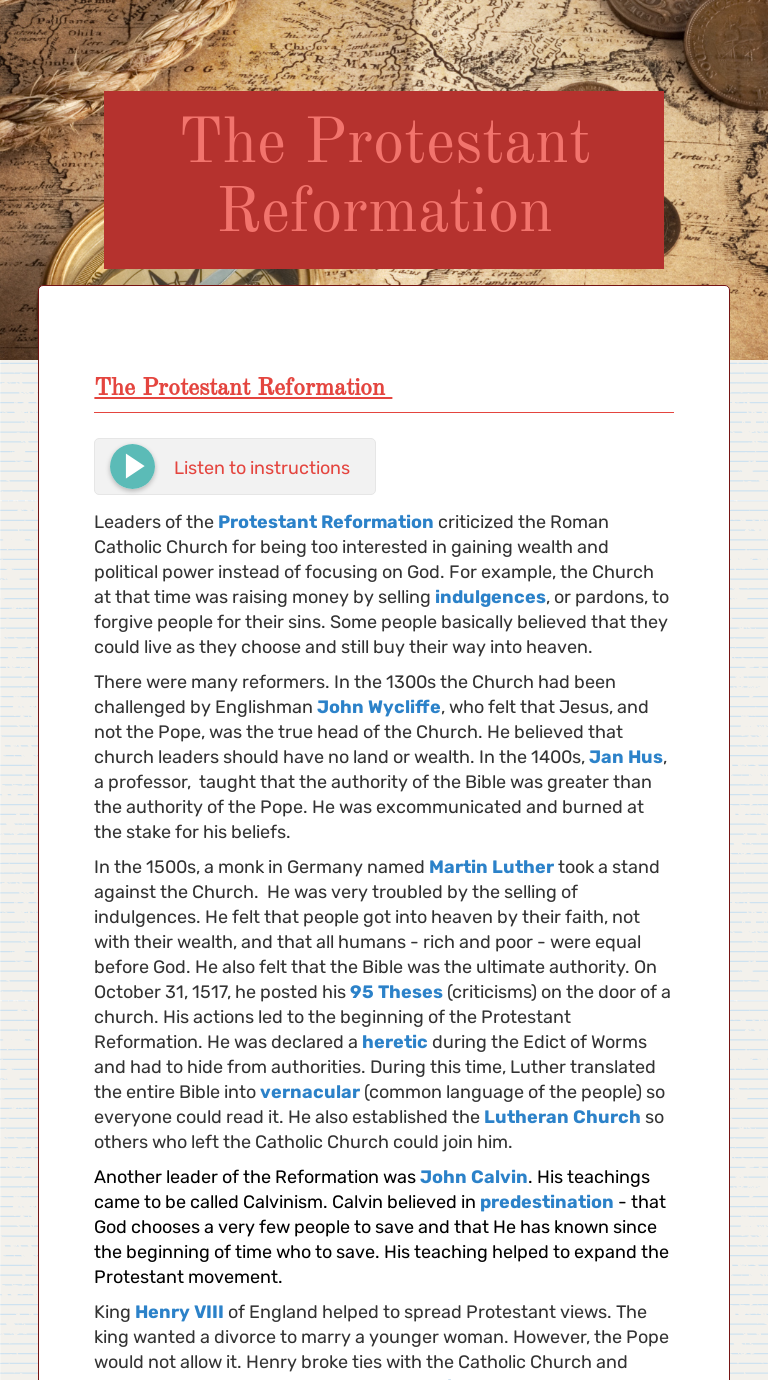 The Protestant Reformation  Interactive Worksheet by Dumitru Throughout Protestant Reformation Worksheet Answers