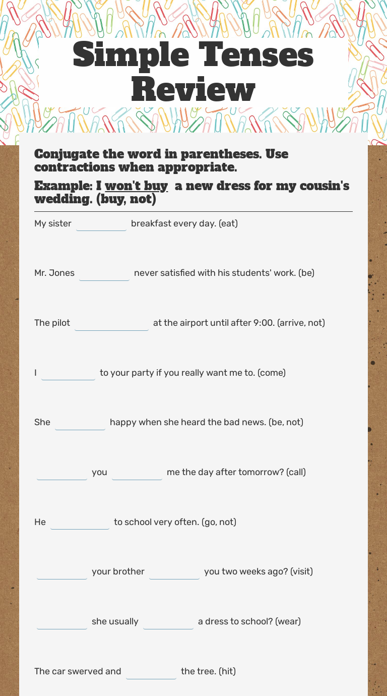 Simple Tenses Review worksheet preview