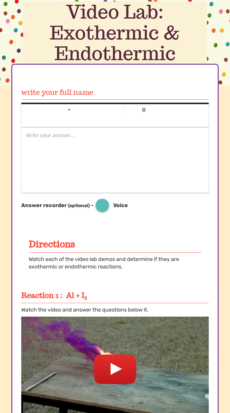 Video Lab: Exothermic & Endothermic Reactions worksheet preview