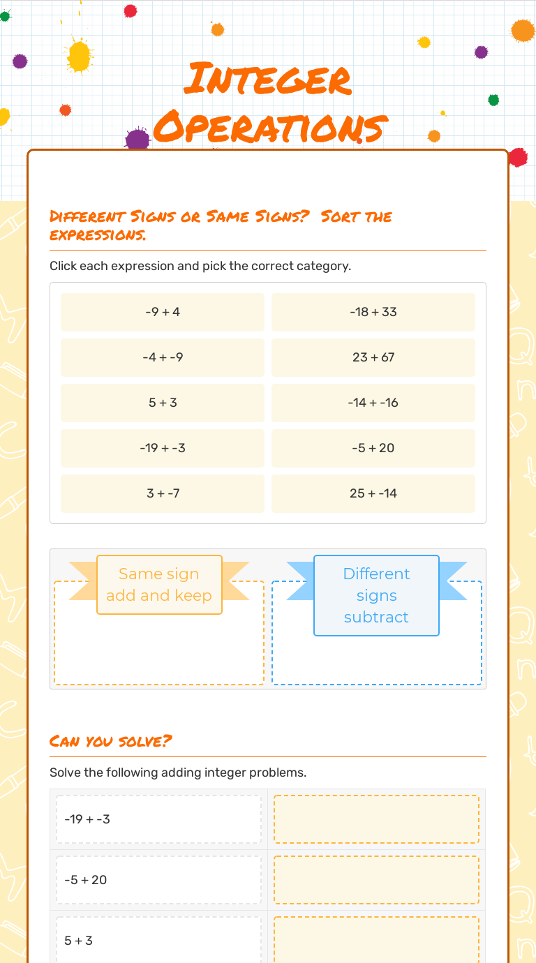 Integer Operations worksheet