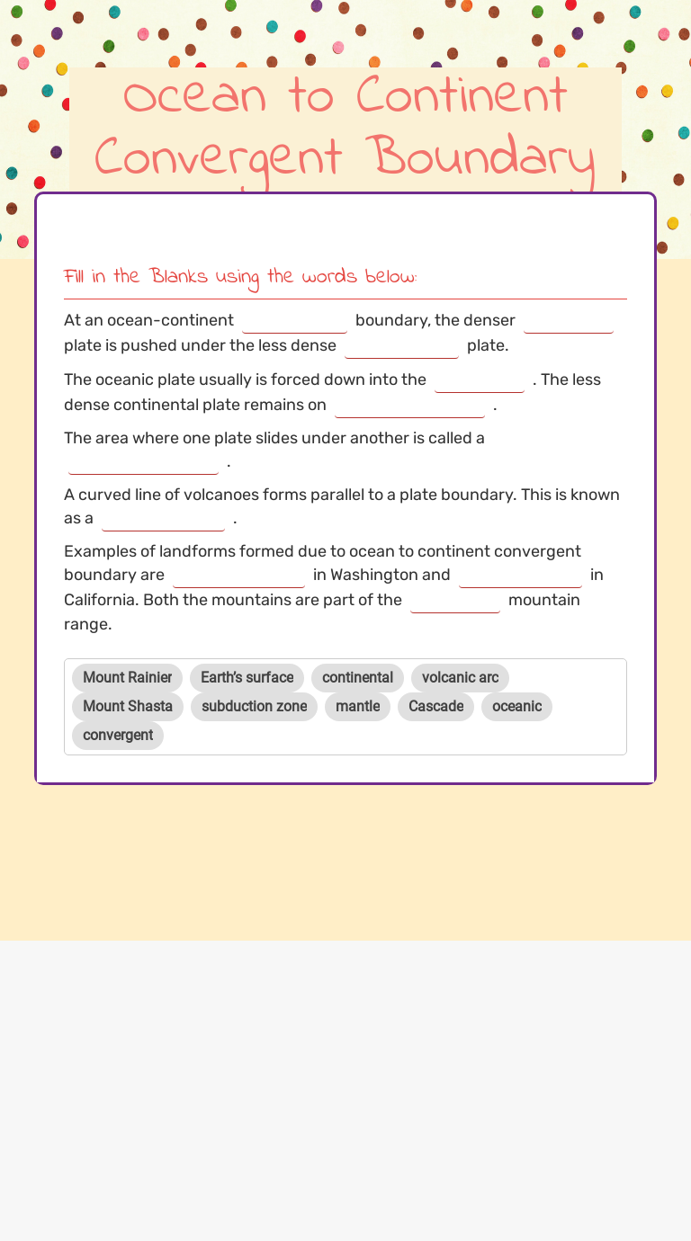 Ocean to Continent Convergent Boundary worksheet preview image