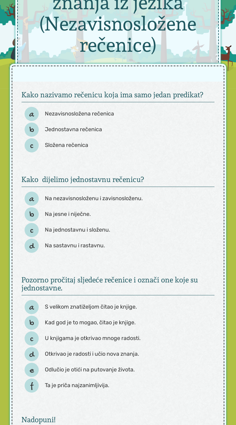 Pisana provjera znanja iz jezika (Nezavisnosložene rečenice) worksheet preview image