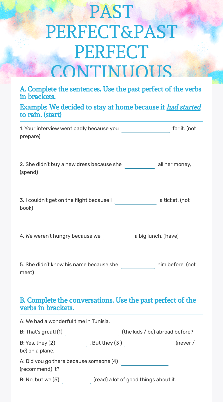 PAST PERFECT&PAST PERFECT CONTINUOUS Grade 8 worksheet preview