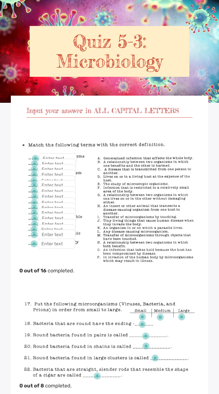 Quiz 5-3: Microbiology | Interactive Worksheet by Samantha Starkey