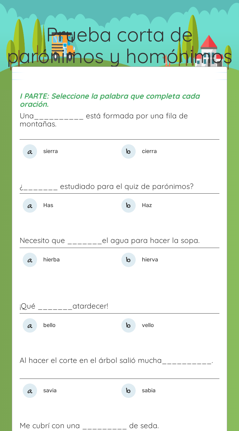 Prueba corta de         parónimos y homónimos worksheet preview image