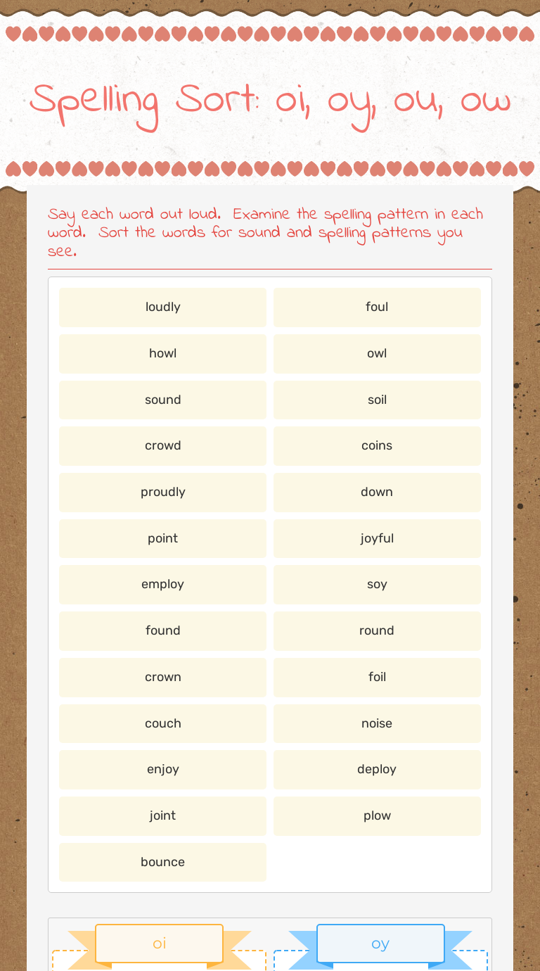 Spelling Sort: oi, oy, ou, ow Grade 3 worksheet preview