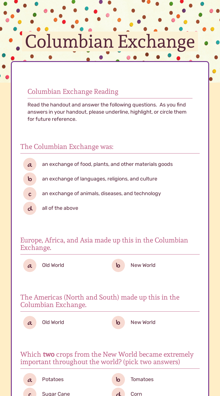 Columbian Exchange Grade 5 worksheet preview