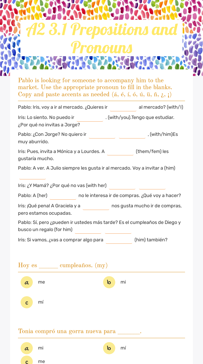 A2 3.1 Prepositions and Pronouns Grade 9 worksheet preview