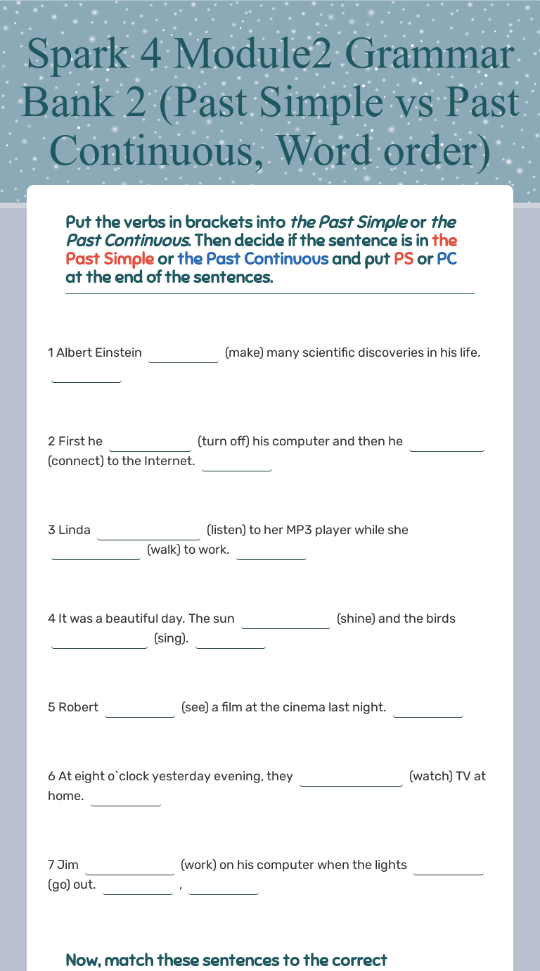 Spark 4 Module2 Grammar Bank 2 (Past Simple vs Past Continuous, Word order) Grade 8 worksheet preview