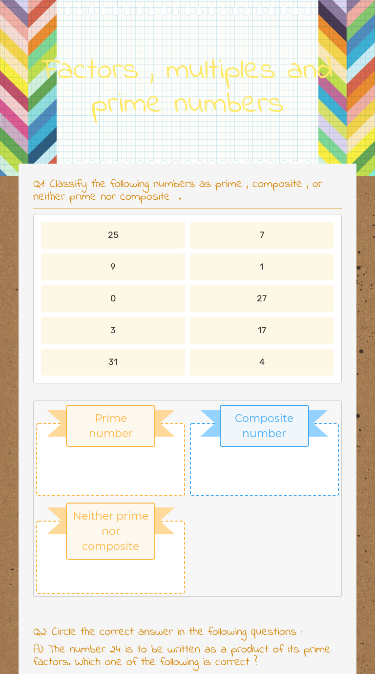 Factors , multiples and prime numbers worksheet preview image