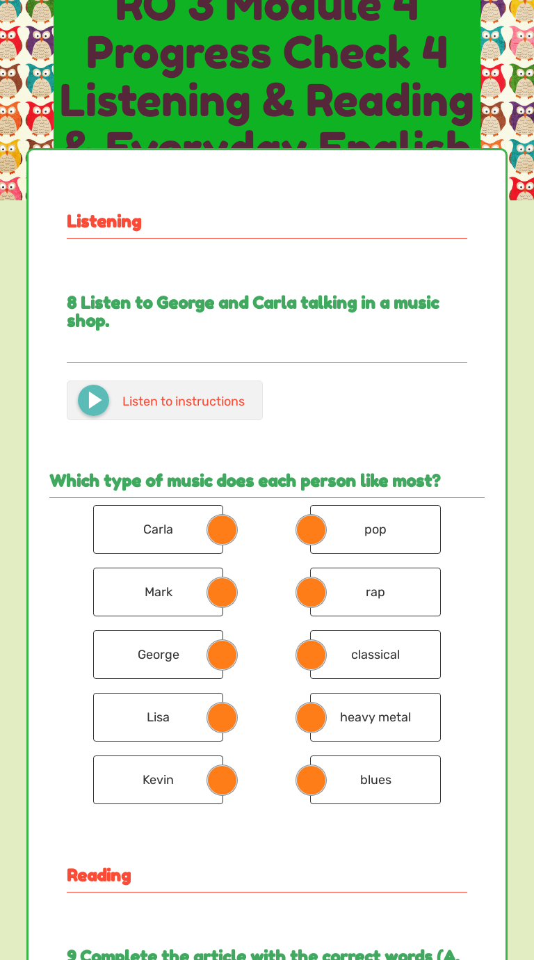 RO 3 Module 4 Progress Check 4 Listening & Reading & Everyday English & Writing worksheet preview image