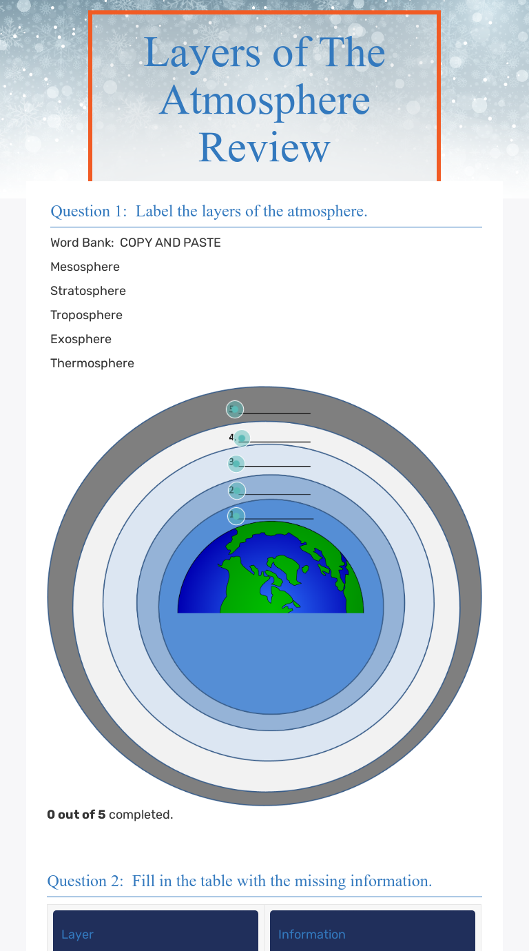 Layers of The Atmosphere Review  Interactive Worksheet by TIFFANY Within Layers Of The Atmosphere Worksheet