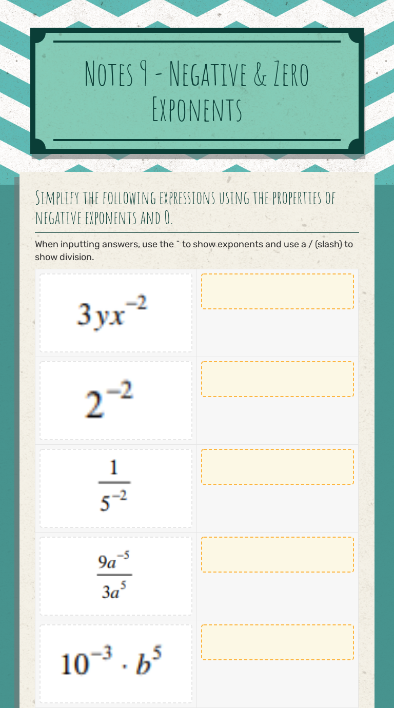 Notes 22 - Negative & Zero Exponents  Interactive Worksheet by Amy Regarding Zero And Negative Exponents Worksheet