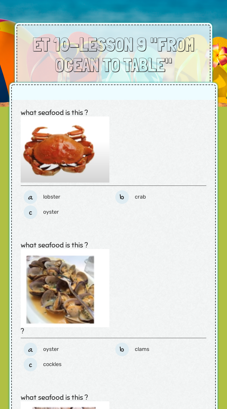ET 10-LESSON 9       "FROM OCEAN TO TABLE" worksheet preview image